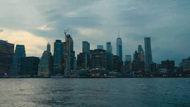FIXED EST SUNSET View of New York City Manhattan downtown skyline. 4K UHD