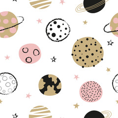 Seamless childish space pattern with hand drawn planets.