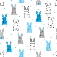 Cute watercolor bunny pattern. Seamless vector background with rabbits for kids design.