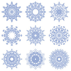 Vector collection of artistic icy abstract crystal snow flakes isolated on background as winter december decoration group or collection. Ice or frost beautiful star ornament silhouette or season art