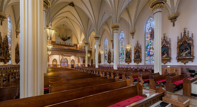 Panorama of the interior of the historic Cathedral of the Immaculate Conception in Fort Wayne, Indiana