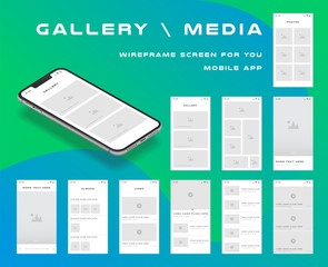 10 in 1 UI kits. Wireframes screens for your mobile app. GUI template on the topic of gallery media . Development interface with UX design. Vector illustration. Eps 10