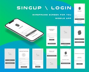 10 in 1 UI kits. Wireframes screens for your mobile app. GUI template on the topic of Portfolio . Development interface with UX design. Vector illustration. Eps 10