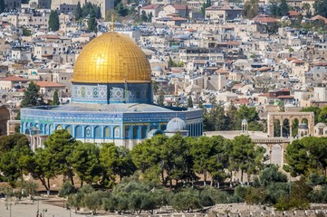 JERUSALEM, ISRAEL. October 30, 2018. A close view of the Dome of the Rock, an Islamic shrine located on the Temple Mount in the Old City of Jerusalem. Al Aqsa mosque, Muslim holy place.