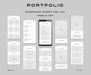 10 in 1 UI kits. Wireframes screens for your mobile app. GUI template on the topic of Portfolio . Development interface with UX design. Vector illustration. Eps 10