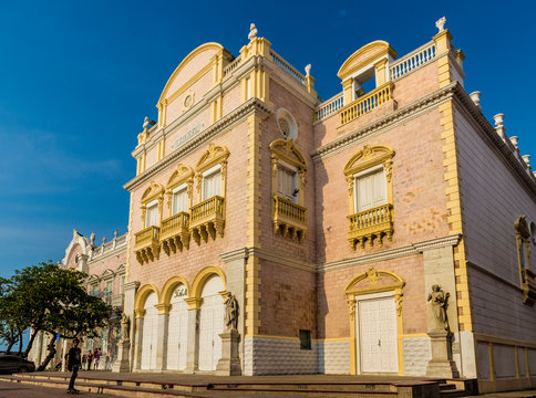 The facade of the Teatro Heredia (Teatro Adolfo Mejia) in Cartagena de Indias, Colombia