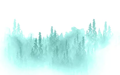 Keuken spatwand met foto Aquarel kunst illustratie. Tekening van het blauwe bos, dennenboom, sparren, ceder. Donker, dicht bos, landschap in de voorsteden. Ansichtkaart, logo, kaart. Mistig bos, nevel. © helgafo
