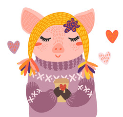 Sweet little pig in winter hat and warm sweater with coffee cup vector art. Nursery kids scandinavian hand drawn illustration. Graphic design t shirt and card print.