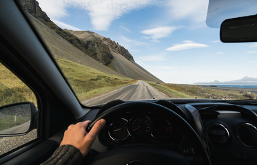 View from driver's seat over the coastal road at the South of Iceland