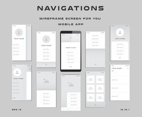 10 in 1 UI kits. Wireframes screens for your mobile app. GUI template on the topic of navigations . Development interface with UX design. Vector illustration. Eps 10