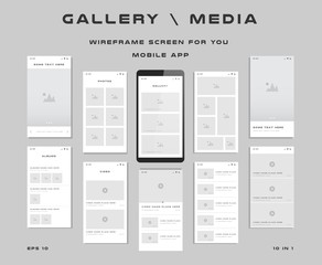 10 in 1 UI kits. Wireframes screens for your mobile app. GUI template on the topic of gallery media . Development interface with UX design. Vector illustration. Eps 10