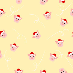 Seamless pattern happy New Year 2019 with chinese pig symbol in Santa's hat. Vector illustration for calendar, Cristmas greeting card or poster