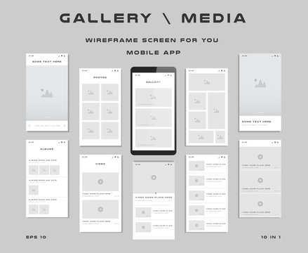 10 in 1 UI kits. Wireframes screens for your mobile app. GUI template on the topic of gallery media . Development interface with UX design. Vector illustration. Eps 10