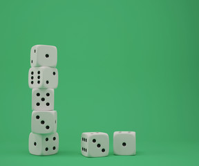 White dices on a green background. Casino gambling. 3d render