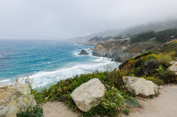 California beach foggy near Bixby bridge in Big Sur in Monterey County along State Route 1 US