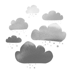 Cute minimal cartoon style monochrome illustration of snowing grey clouds with watercolor texture. Isolated on white background