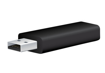 Realistic illustration of black USB Flash Drive with connector, isolated on white background