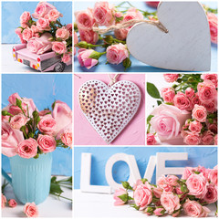 Collage from  romantic photos with pink roses flowers and hearts on textured background.