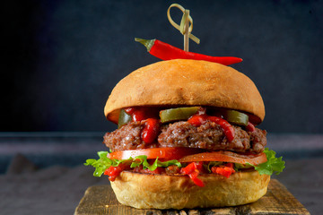 spicy Burger with chili on dark background