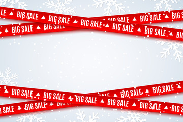 Red ribbons for Christmas sale on light blue background. Fallin snowflakes. Big sale. Graphic elements. Vector illustration