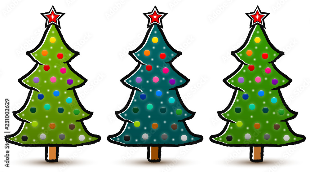 Poster set of drawn abstract christmas trees with a red star and decorated with colorful baubles isolated o