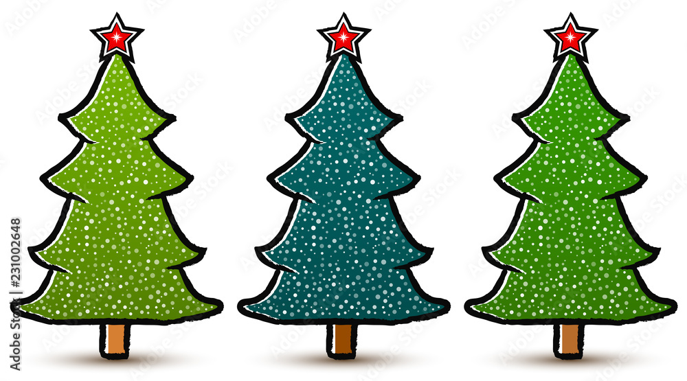 Poster set of drawn abstract christmas trees with a star and snow isolated on white background. three shade