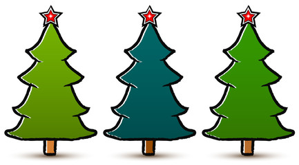 Set of drawn abstract Christmas trees with a star isolated on white background. Three shades of green. Vector Illustration EPS 10