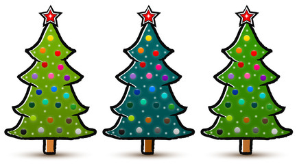 Set of drawn abstract Christmas trees with a red star and decorated with colorful baubles isolated on white background. Three shades of green. Vector Illustration EPS 10