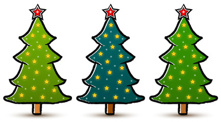 Set of drawn abstract Christmas trees with a red star and decorated with stars isolated on white background. Three shades of green. Vector Illustration EPS 10