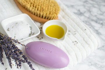 Obraz na płótnie Canvas Lavender Soap with Text Lavande Natural Ingredients for Homemade Body Salt Scrub Oil Beauty Concept