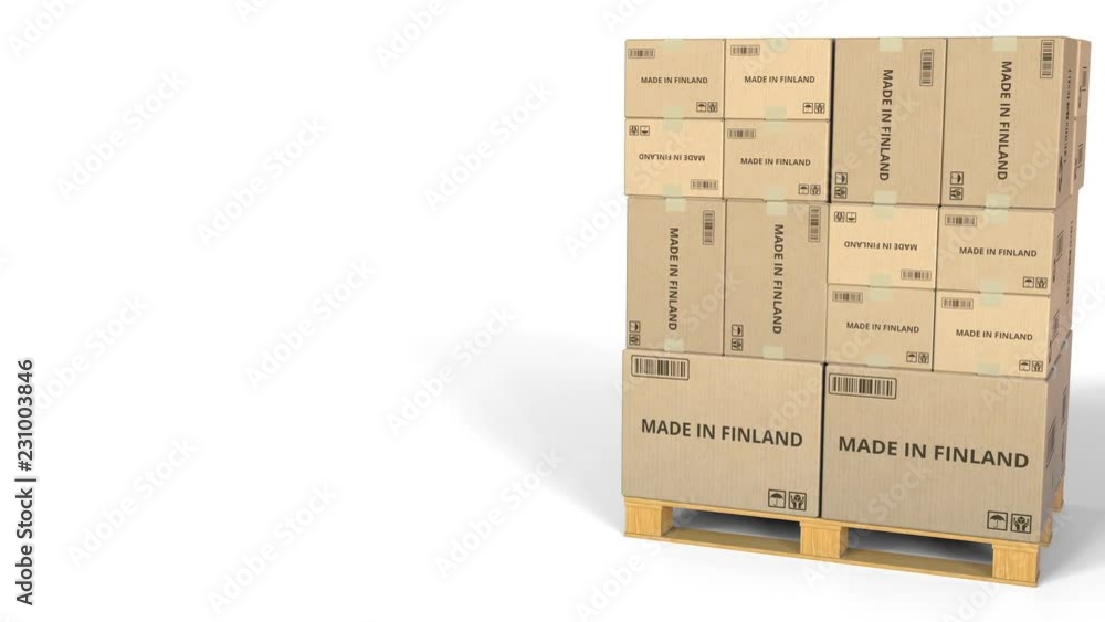 Aufkleber MADE IN FINLAND text on boxes on a pallet. Conceptual 3D animation