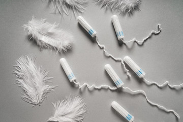 Tampons with feathers on grey background