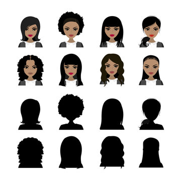 African american Female avatars and black silhouette,isolated on white background