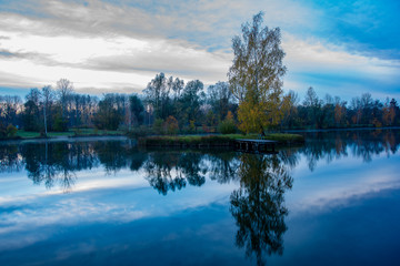 View of  trees reflected on lake surface early in the morning