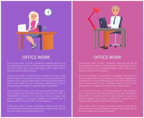 Office Work Banners Man Woman at Workplace Vector
