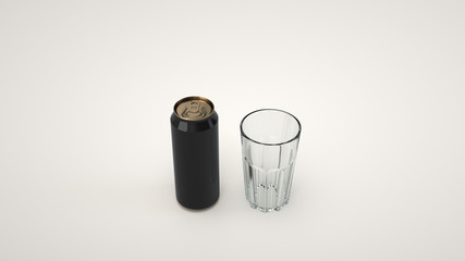 Mock up of beer can and an empty glass