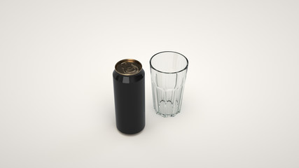 Mock up of beer can and an empty glass