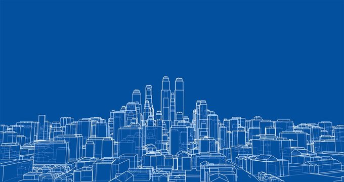 Wire-frame City, Blueprint Style. Vector