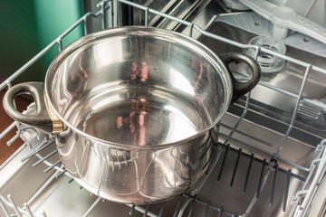Dirty saucepan lies in the dishwasher