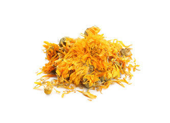 Heap of dried calendula flowers on white background