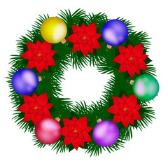 Illustration with Christmas decorations and Christmas flower on white background. Christmas wreath