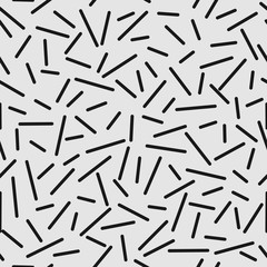 Memphis style seamless pattern. Lines with different size and slope.  Black on a light gray background.