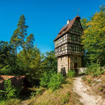 Herzogsstuhl, hunting lodge of Duke Ernst II of Saxony-Altenburg, modelled on the Toppler Castle in Rothenburg ob der Tauber, Rieseneck hunting complex, Hummelshain, Saale-Holzland district, Thuringia, Germany, Europe