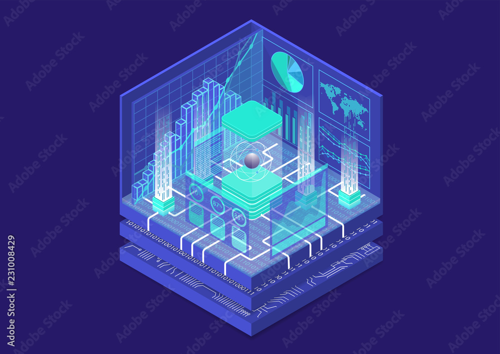 Wall mural Quantum computing isometric vector illustration. 3D view on conceptual quantum computer