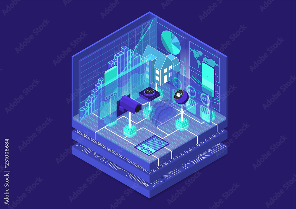 Poster smart home isometric vector illustration. abstract 3d infographic for home automation related topics