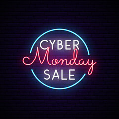 Cyber Monday neon signboard in circle. Sale sign. Vector design template.