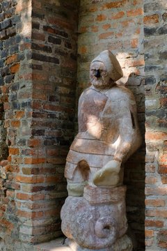 Stone man in city wall, district Bleich and Pfarrle, Augsburg, Swabia, Bavaria, Germany, Europe