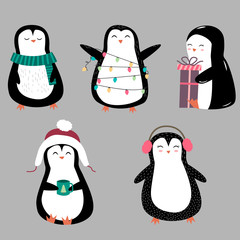 Obraz premium Penguins cartoon vector illustration. Christmas penguin characters vector