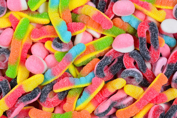 Assorted gummy candies. Top view. Jelly  sweets.
