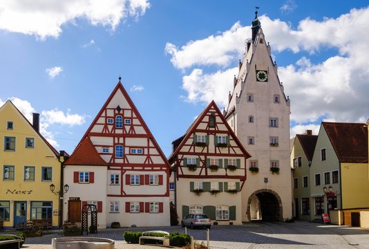 Market square and Upper Gate, Monheim, Donau-Ries County, Swabia, Bavaria, Germany, Europe